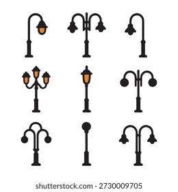 Stylized Street Lamp Vector Icon Set in Grid Layout