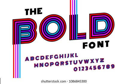 Stylized striped bold italic abstract retro alphabet and font of 80s, 90s with colorful stripes.