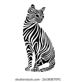 Stylized striped cat illustration. Vector. Sitting domestic kitten. Modern logo design
