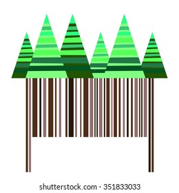 Stylized striped coniferous trees over brown barcode making trunks - simple vector illustration