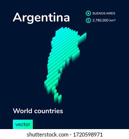 Stylized striped  digital neon isometric vector map of Argentina with 3d effect. Map of Argentina is in green and mint colors on the dark blue background