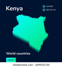Stylized striped isometric vector 3d map of Kenya. Map of Kenya is in neon green and mint colors on the dark blue background