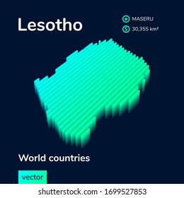 Stylized striped isometric vector map of Lesotho with 3d effect. Map of Lesotho is in  neon green and mint colors on the dark blue background