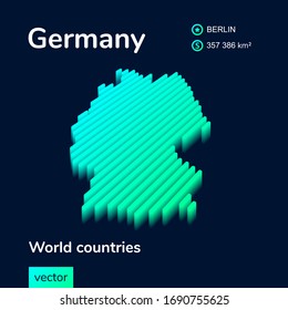 Mapa vectorial estilizado a rayas de Alemania con efecto 3d. Mapa de Alemania está en colores verde y menta en el fondo azul oscuro