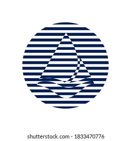 Stylized striped sail boat on a striped round blue-white background. Logotype. Vector image. 