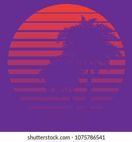 Stylized striped sun and palm tree abstract futuristic design background.