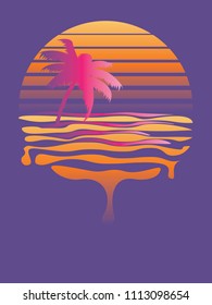 Stylized striped sun and palm tree abstract futuristic design background.