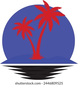 Stylized striped sun and palm tree abstract futuristic design background.