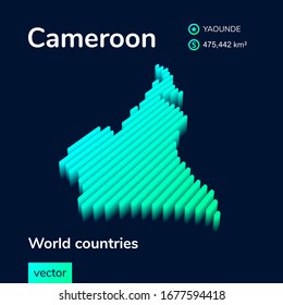Mapa vectorial estilizado de Camerún con efecto 3d. Mapa de Camerún con colores verde y menta en el fondo azul oscuro