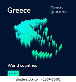 Stylized striped vector isometric 3d map of Greece. Map of Greece is in neon green and mint colors on the dark blue background