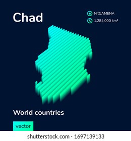 Mapa vectorial estilizado a rayas de Chad con efecto 3d. Mapa de Chad con colores verde y menta en el fondo azul oscuro