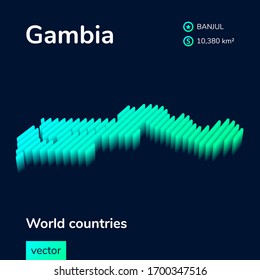 Stylized striped vector isometric 3d map of Gambia. Map of Gambia is in neon green and mint colors on the dark blue background