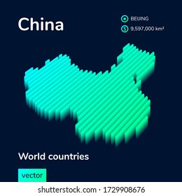 Stylized striped vector isometric neon China map with 3d effect. Map of China is in green and mint colors on the dark blue background