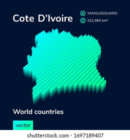 Stylized striped vector map of Cote D'Ivoire with 3d effect. Map of Cote D'Ivoire is in green and mint colors on the dark blue background