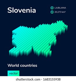 Stylized striped vector  neon isometric map of Slovenia with 3d effect. Map of Slovenia is in green and mint colors on the dark blue background