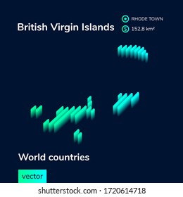 Mapa vectorial estilizado a rayas de las Islas Vírgenes Británicas con efecto 3d. Mapa de las Islas Vírgenes Británicas en colores verde y menta en el fondo azul oscuro