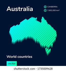 Stylized striped vector  neon isometric Australia map with 3d effect. Map of Australia is in green and mint colors on the dark blue background
