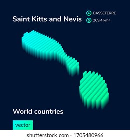 Stylized striped vector  neon map of Saint Kitts and Nevis with 3d effect. Map of Saint Kitts and Nevis is in green and mint colors on the dark blue background. 3d map of Saint Kitts and Nevis