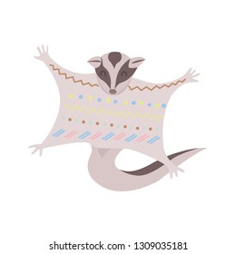 Stylized sugar glider isolated on white background.  Tribal flat sugar glider flying. Australian animal.