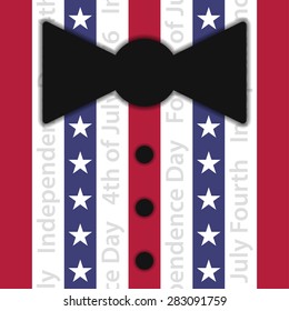 stylized suit with bow tie and buttons - red, white and blue stripes with white stars and vertical text