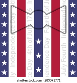 stylized suit - with bow tie and buttons - red, white and blue stripes with white stars and vertical text