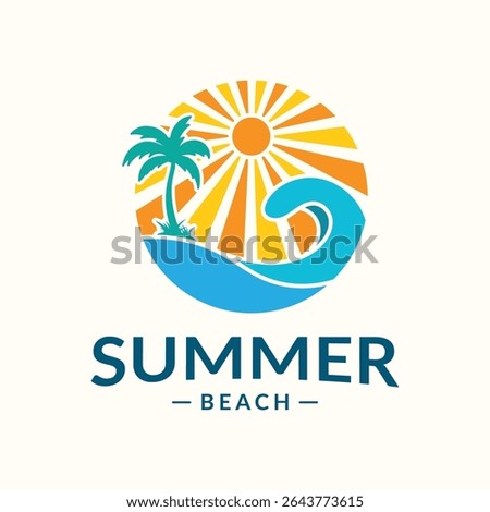 Stylized summer beach logo featuring palm tree and ocean wave