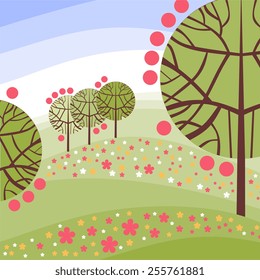 Stylized summer landscape with flowers and trees.