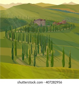 stylized summer landscape with rural road and castle, vector illustration