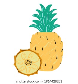 Stylized summer pineapple fruit and its slice. Vector illustration cartoon flat icon isolated on white.