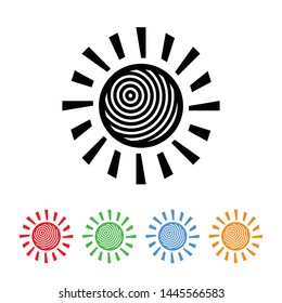 Stylized summer sun icon in with rays showing heat vector sun illustration element icon isolated on a white background  with four color variations