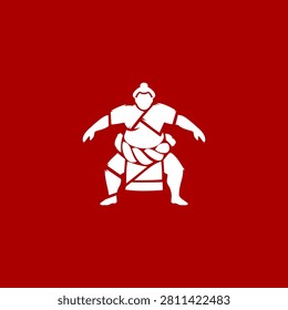 Stylized sumo wrestler silhouette in traditional stance on red background, bold vector illustration