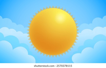 Stylized sun against a blue sky and beautiful clouds. Vector illustration of cloudscape and sun