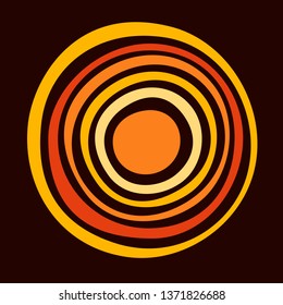 Stylized sun. Australian art. Aboriginal painting style. Smooth round shapes, circles isolated on dark background. Doodle sketch style. Minimalistic graphic print. Vector color illustration.