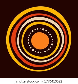 Stylized sun. Australian art. Aboriginal painting style. Smooth round shapes, circles isolated on dark background. Doodle sketch style. Minimalistic graphic print. Vector color illustration.