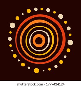 Stylized sun. Australian art. Aboriginal painting style. Smooth round shapes, circles isolated on dark background. Doodle sketch style. Minimalistic graphic print. Vector color illustration.