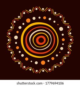 Stylized sun. Australian art. Aboriginal painting style. Smooth round shapes, circles isolated on dark background. Doodle sketch style. Minimalistic graphic print. Vector color illustration.