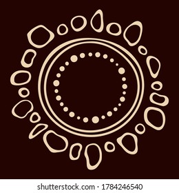 Stylized sun. Australian art. Aboriginal painting style. Smooth round shapes, circles isolated on dark background. Doodle sketch style. Minimalistic graphic print. Vector color illustration.