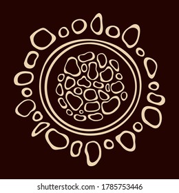 Stylized sun. Australian art. Aboriginal painting style. Smooth round shapes, circles isolated on dark background. Doodle sketch style. Minimalistic graphic print. Vector color illustration.