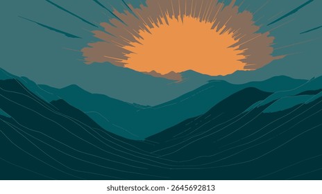 Stylized sun bursts over layered mountain range during serene sunrise landscape illustration