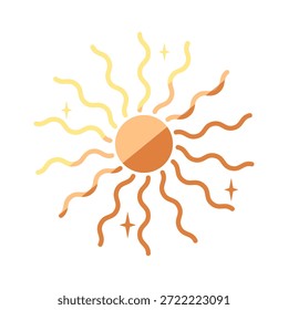 Stylized sun with a central circle and wavy rays emanating outwards, expressing concepts of warmth, spirituality, and summer in a modern bohemian graphic illustration