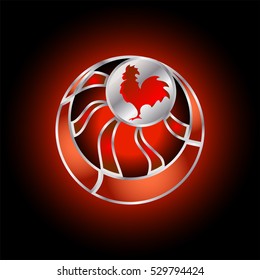 Stylized sun circle with silhouette of a rooster.The effect of metal on a dark red background.