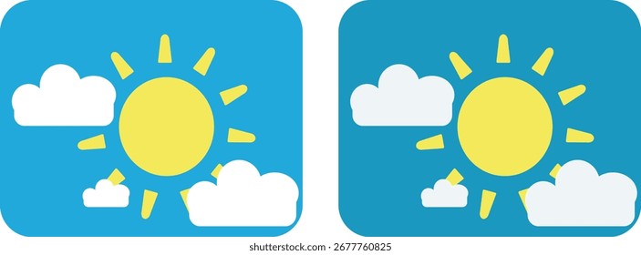 Sol estilizado e ícones de nuvens em um fundo azul brilhante representando o tempo diurno