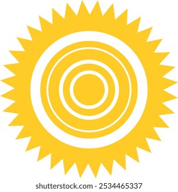 Stylized sun with concentric circles and multiple layers of rays, featuring a target-like pattern and varying ray lengths. Yellow sun.