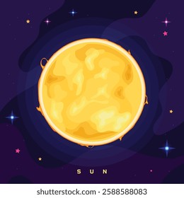 A stylized sun depicted in a flat design, accompanied by stars in a vast cosmic space.