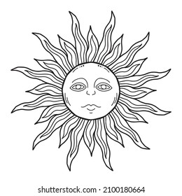 Stylized sun with face hand drawn in black ink outline, traditional ethnic Slavic symbol for Shrovetide or Maslenitsa, astrologic sign vintage concept. Heraldy medieval Tattoo design.