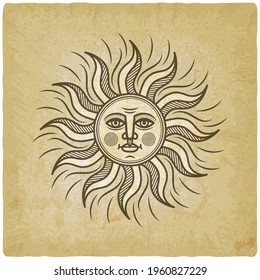 Stylized sun with face on vintage background