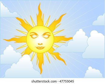 Stylized sun with face in the sky