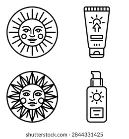 Stylized sun faces and sunscreen bottles in a clean line art style