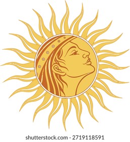 Sol estilizado con el Perfil femenino y los rayos solares celestiales