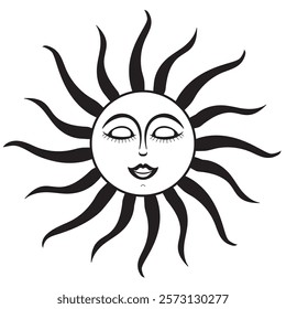 Stylized sun icon with face for Shrovetide or Maslenitsa Russian holiday. Folklore art, bohemian style black and whte silhouette